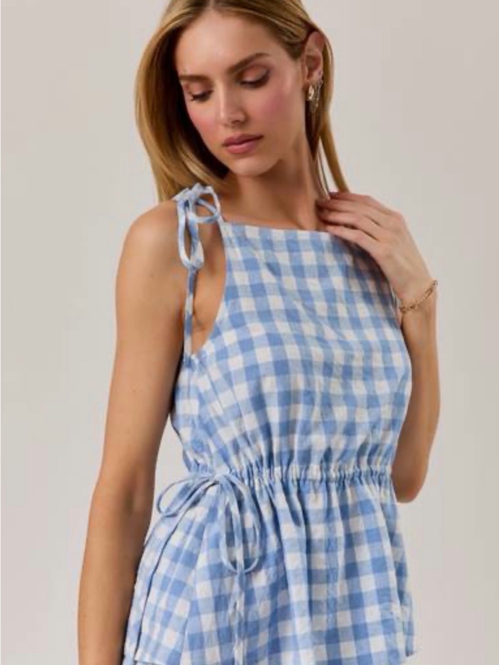 256 Blue Gingham Tie-Shoulder Tank and Shorts Set - Picture 3 of 3